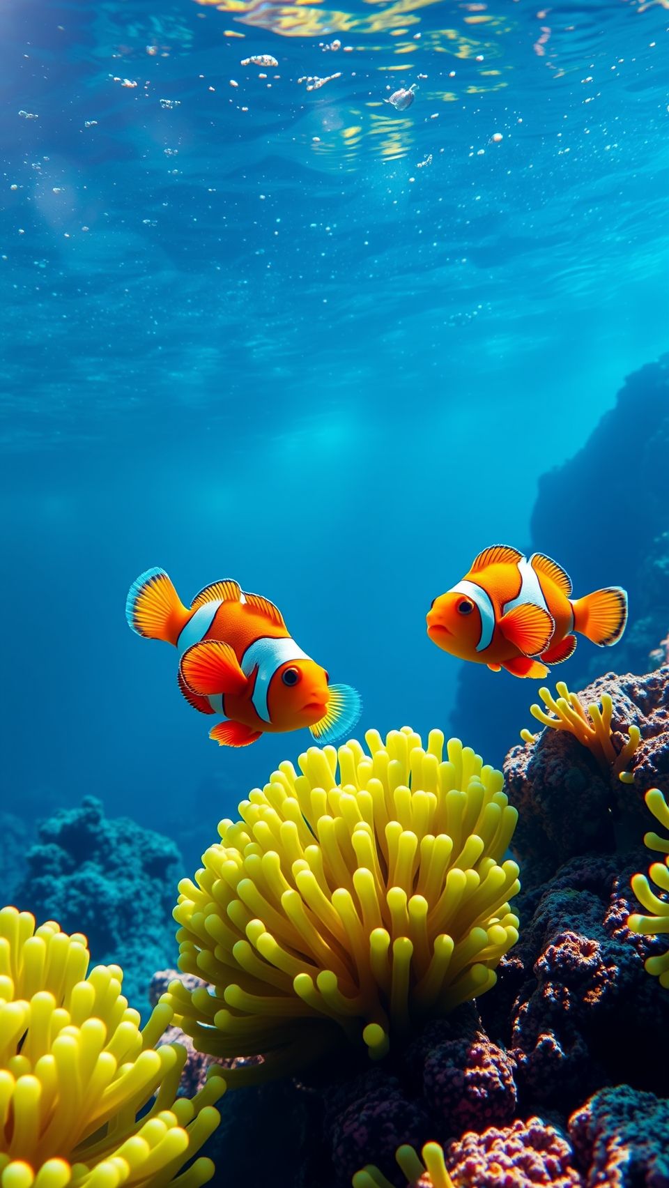 Bright orange clown fish swimming near coral reef in clear blue underwater ocean