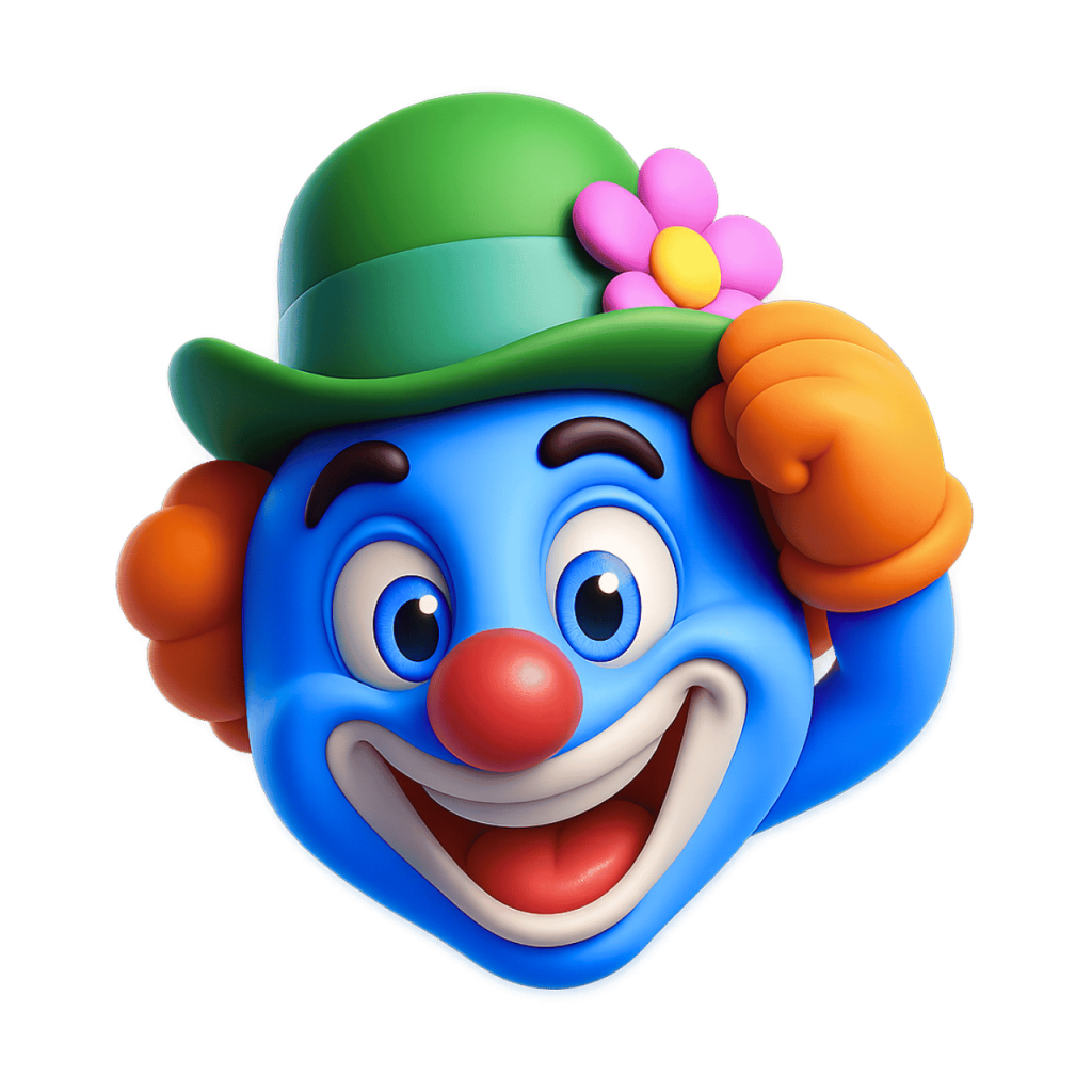 3D clown smiley emoji with blue face, green hat, flower, and cheerful expression