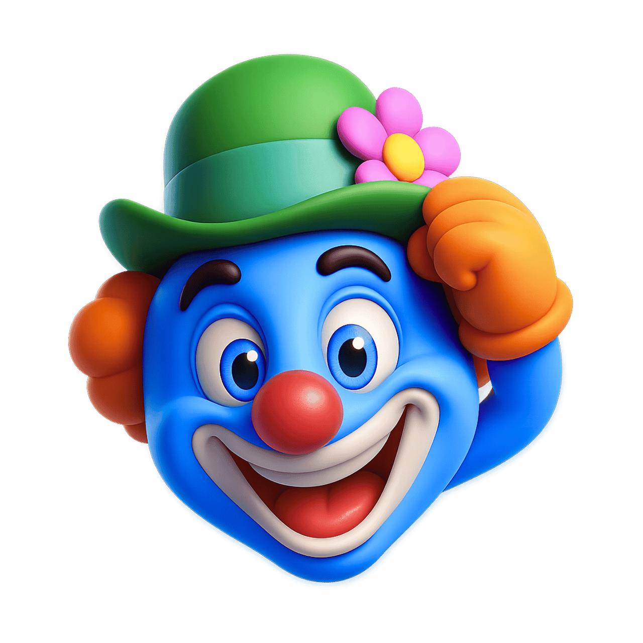 3D clown smiley emoji with blue face, green hat, flower, and cheerful expression