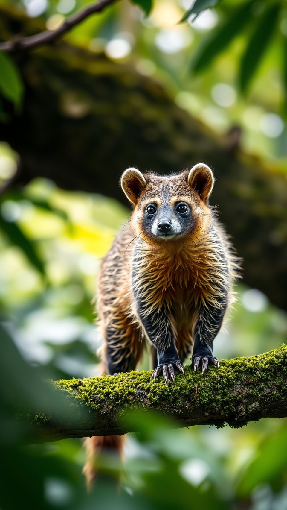 Close-up of a coati standing on mossy tree branch in lush green forest