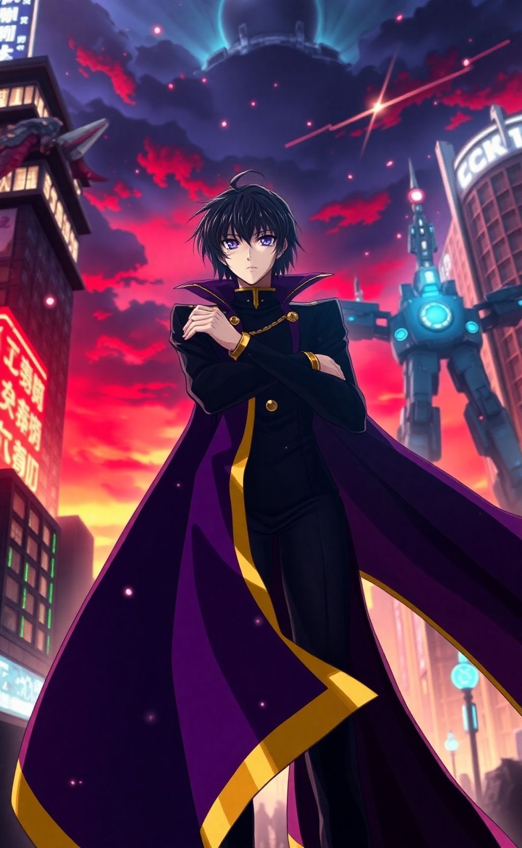 Code Geass anime wallpaper featuring Lelouch standing with purple cape and futuristic city background.