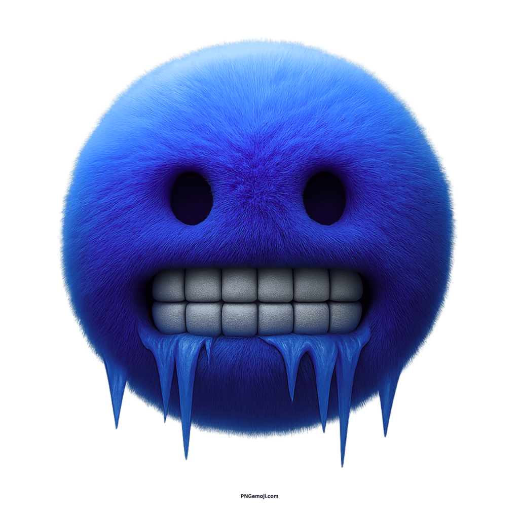 Blue furry emoji with frozen teeth and icicles showing extreme cold expression transparent background