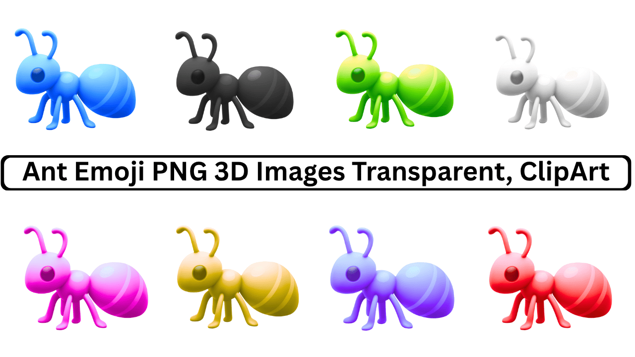 Collection of colorful 3D ant emoji PNG images on transparent background