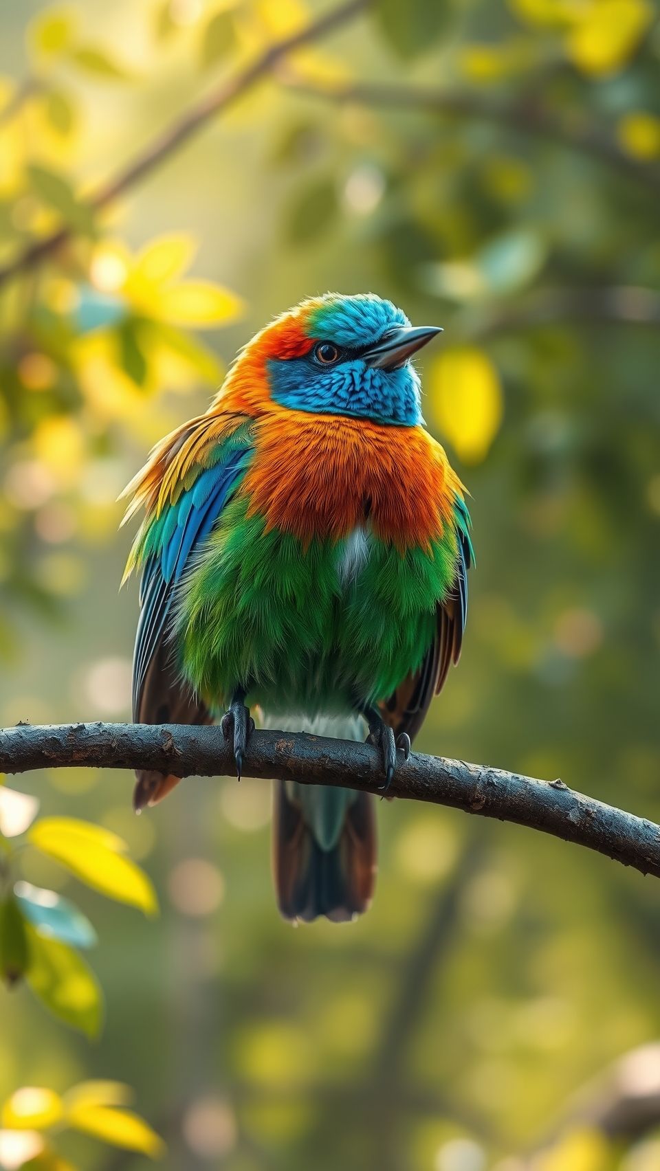 Colorful bird perched on a branch, vibrant feathers in sunlight
