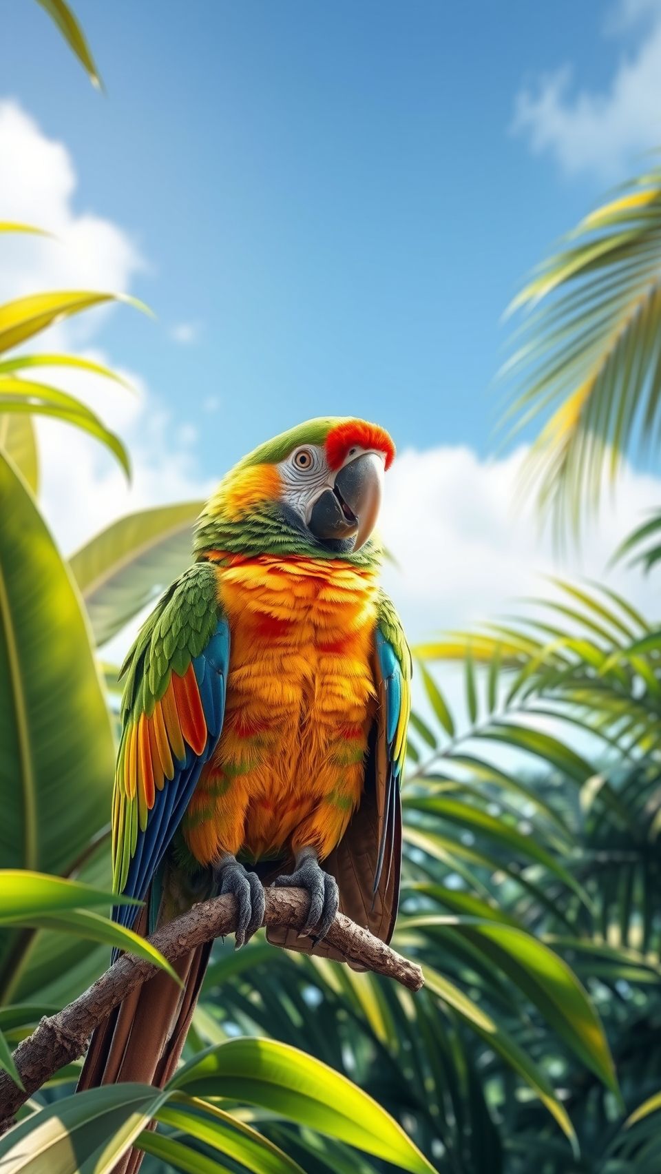 vibrant parrot perched on a tree branch in a tropical forest, with lush green foliage