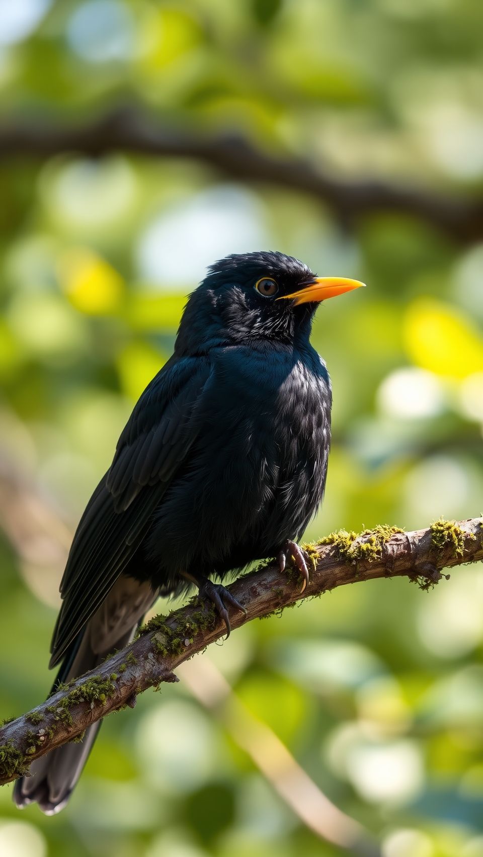 Close-up of a common blackbird perched on mossy branch in natural sunlight
