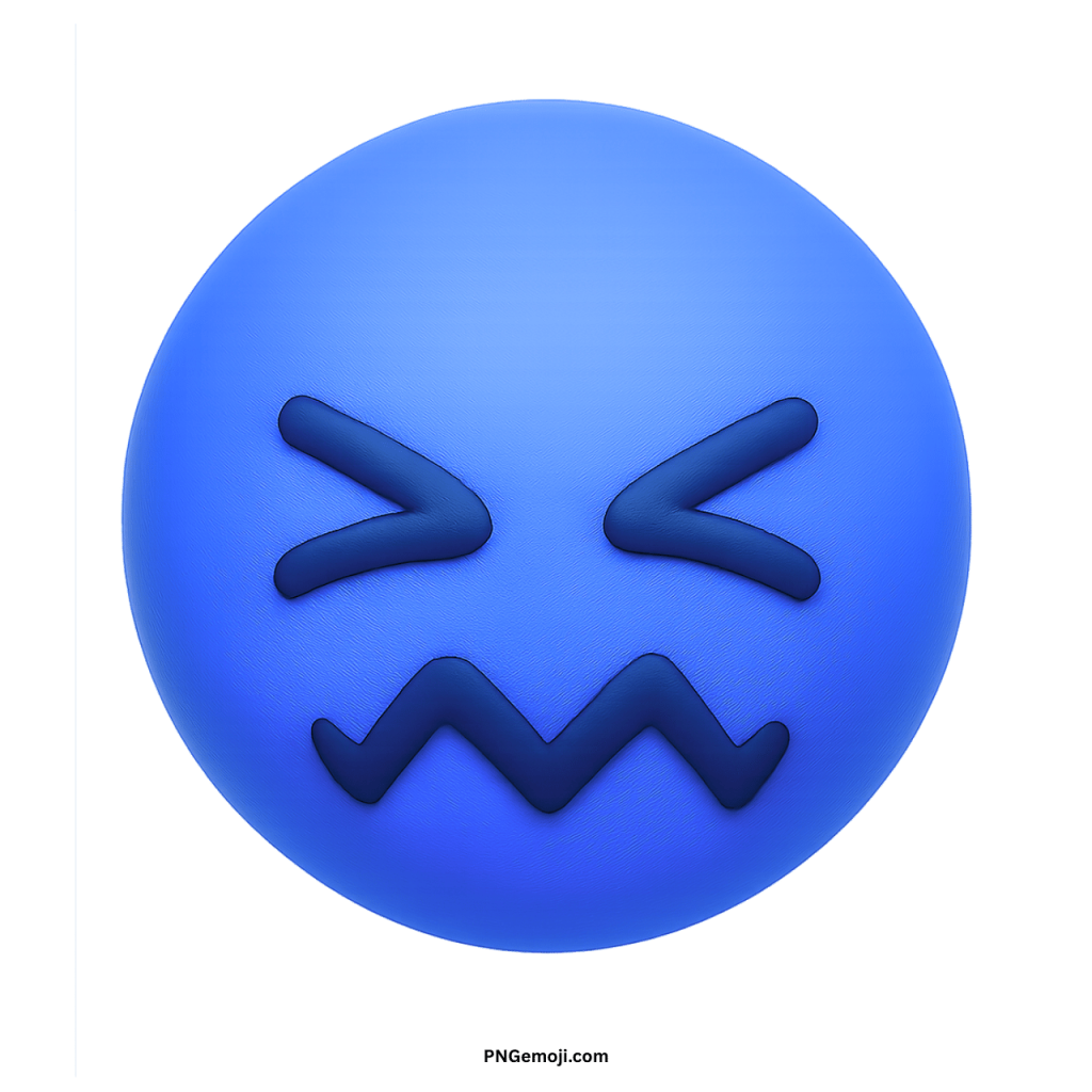 Blue confounded face emoji with scrunched eyes and zigzag mouth showing frustration or stress