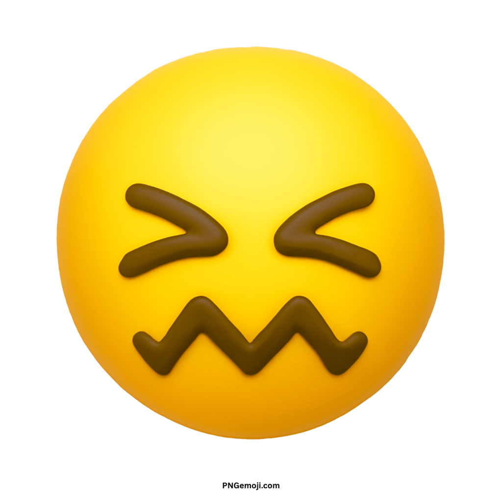 Yellow confounded face emoji with scrunched eyes and zigzag mouth expressing stress and frustration
