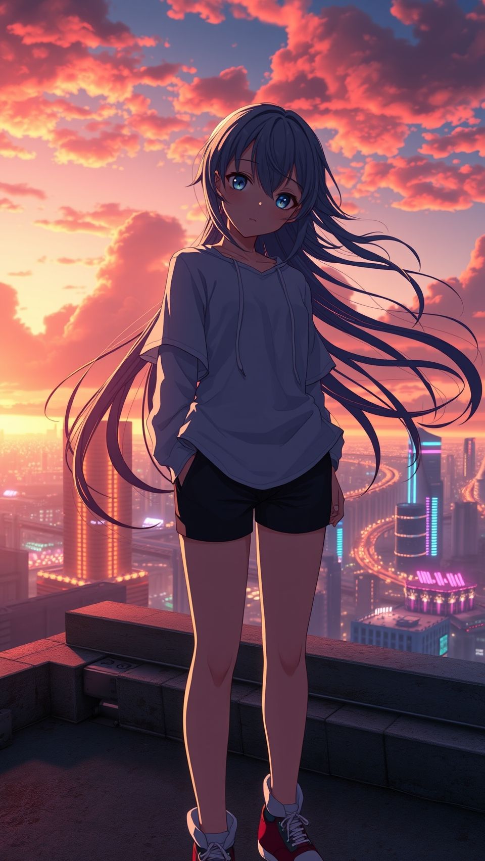 Cool anime wallpaper of a girl standing on rooftop with city lights and sunset sky