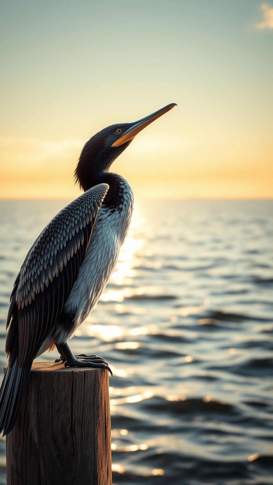 Cormorant bird perched on wooden post by ocean during golden sunset wallpaper