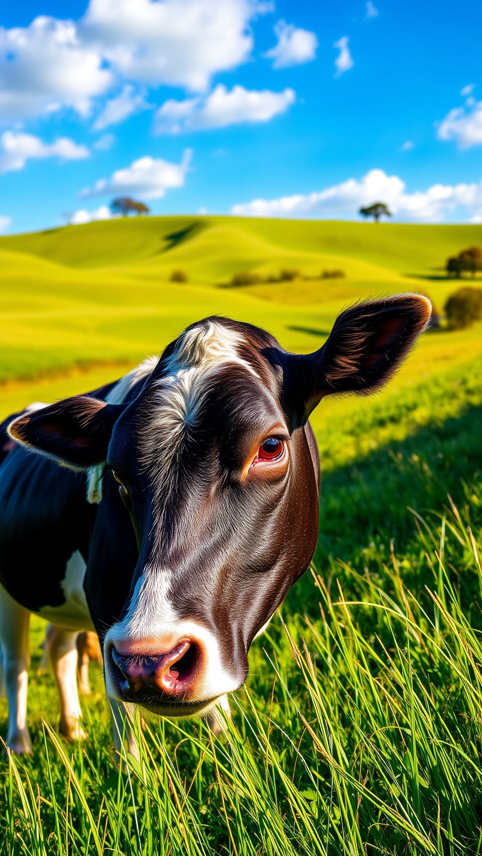 Cow grazing peacefully in a green meadow under a clear blue sky