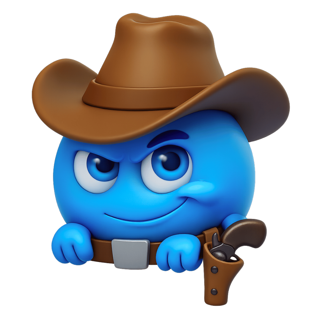 3D cowboy smiley emoji with brown hat gun holster and blue happy face