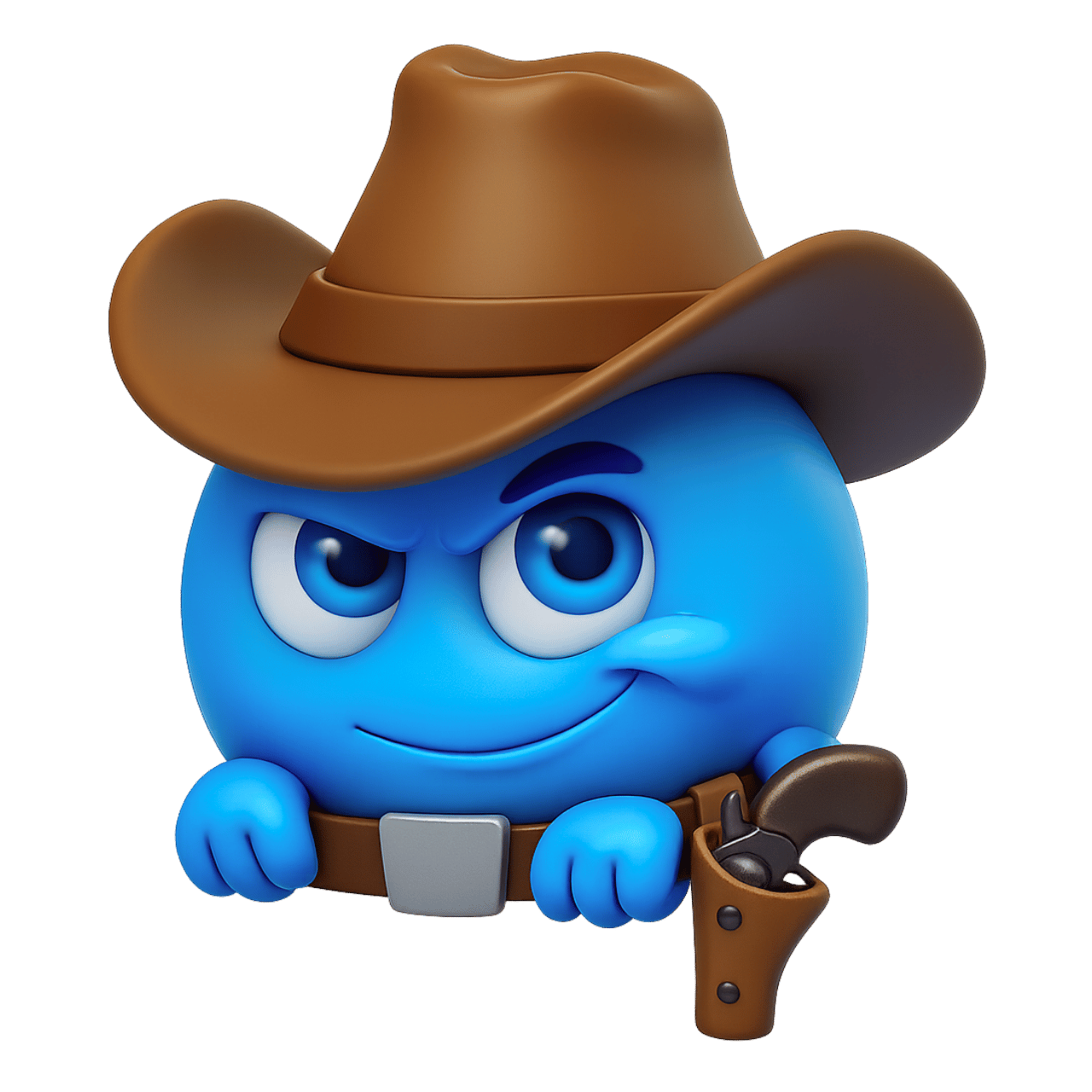 3D cowboy smiley emoji with brown hat gun holster and blue happy face