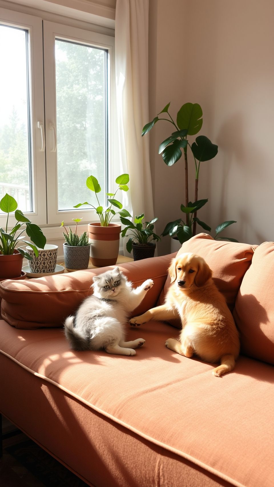 Cozy living room with a golden retriever and Persian cat relaxing on a sofa surrounded by plants and sunlight.
