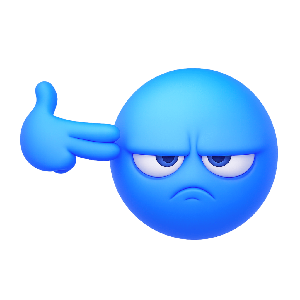 Blue crazy smile emoji making funny hand gesture with annoyed and frustrated expression