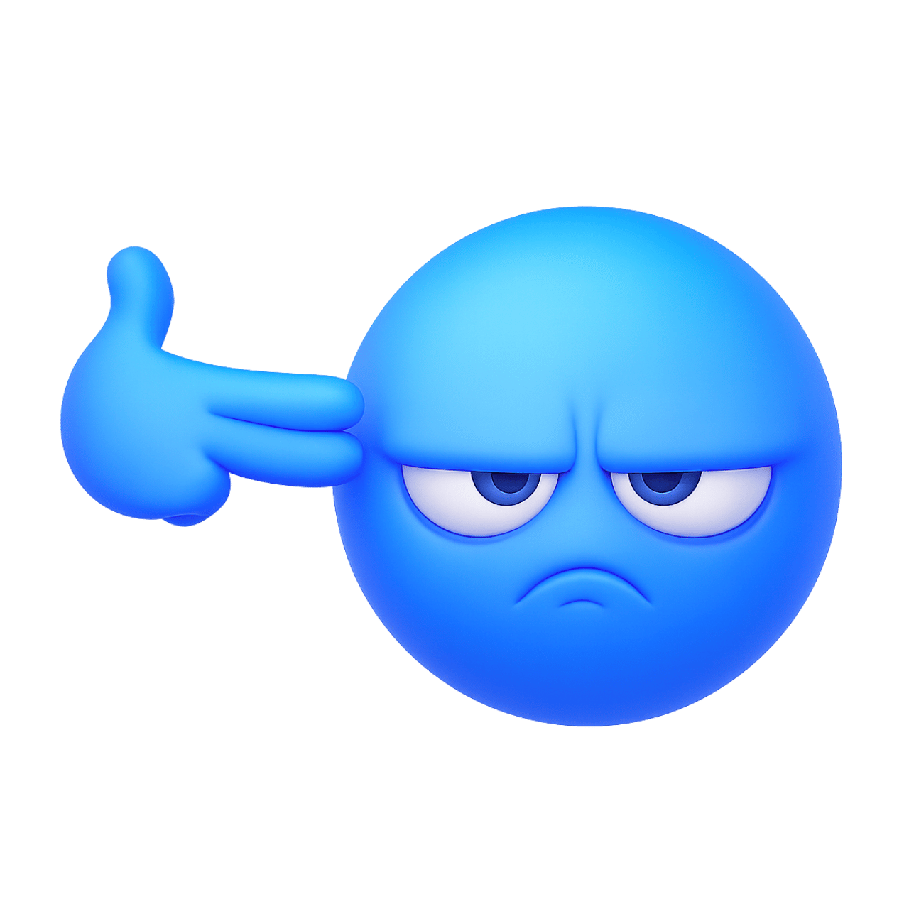Blue crazy smile emoji making funny hand gesture with annoyed and frustrated expression