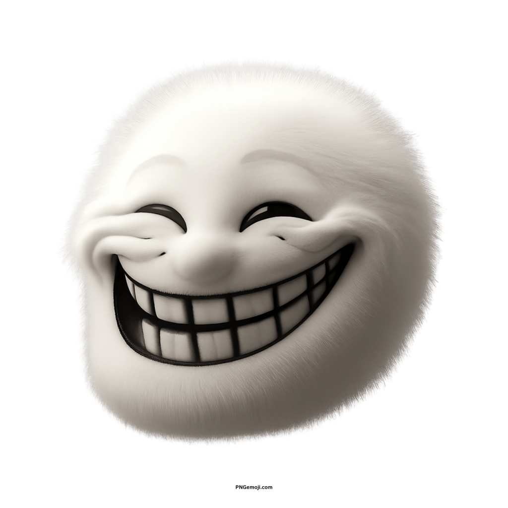 Creepy white emoji face with exaggerated wide grin and squinted eyes, eerie smiling expression