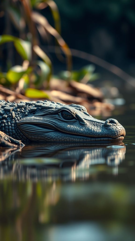 Close up crocodile wallpaper showing textured scaly skin resting near riverbank in natural habitat