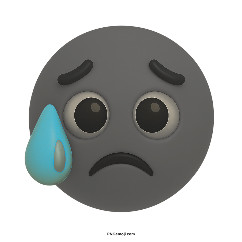 3D crying relieved emoji with dark face, single tear, sad emotional expression