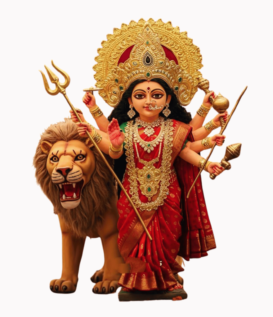 Cute Baby Durga Maa PNG transparent image with lion in red saree HD