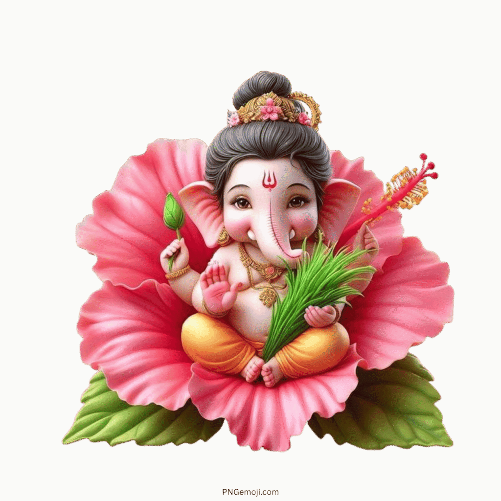 Cute baby Lord Ganesha sitting in pink flower PNG clipart