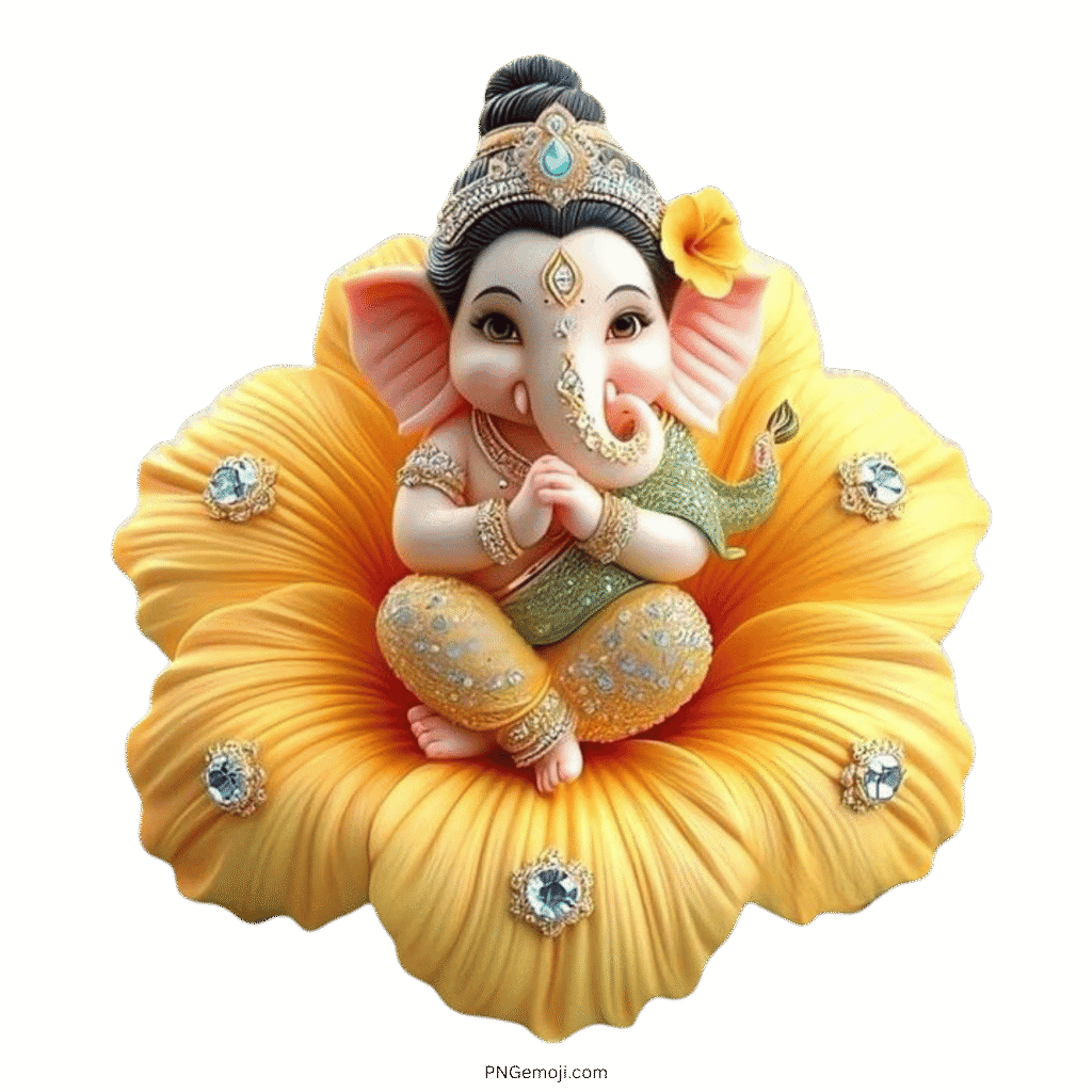 Cute baby Lord Ganesha Gajanana clipart sitting in flower PNG transparent background