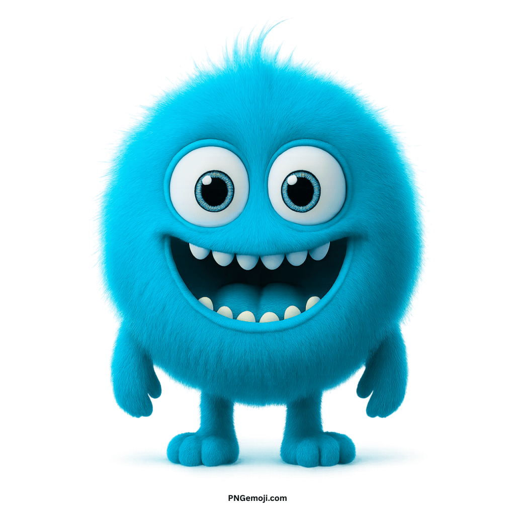 Cute blue furry monster emoji with big cartoon eyes and a happy wide smile