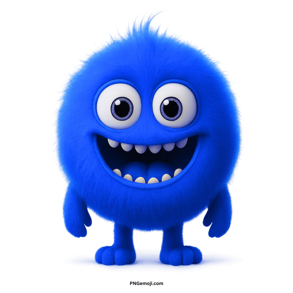 Cute blue furry monster emoji with big eyes and wide smile cartoon character PNG
