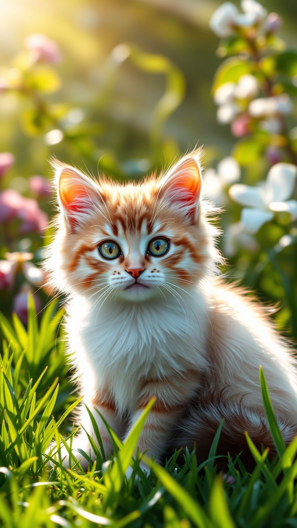 A cute fluffy orange cat sitting in a vibrant green garden.