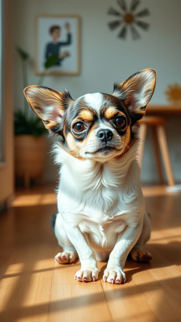 Adorable Chihuahua dog sitting on wooden floor in natural sunlight, realistic wallpaper