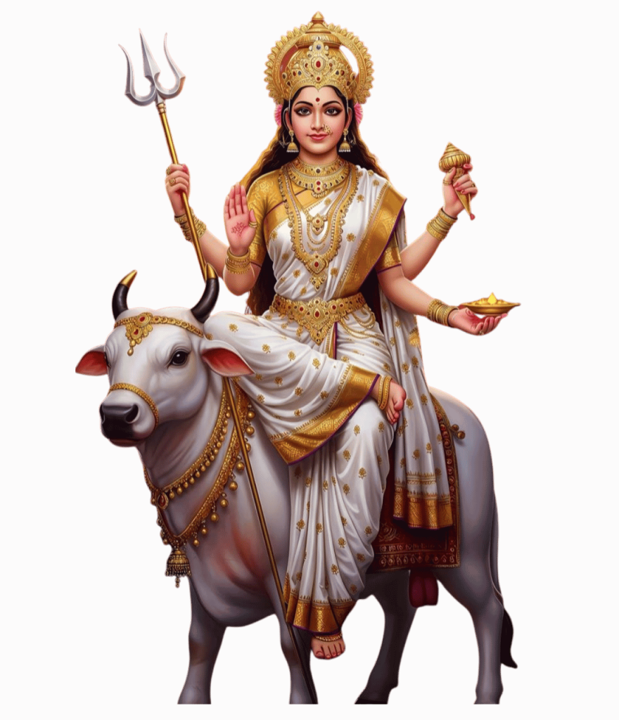Cute Durga clipart riding cow holding trishul and lamp in divine form PNG