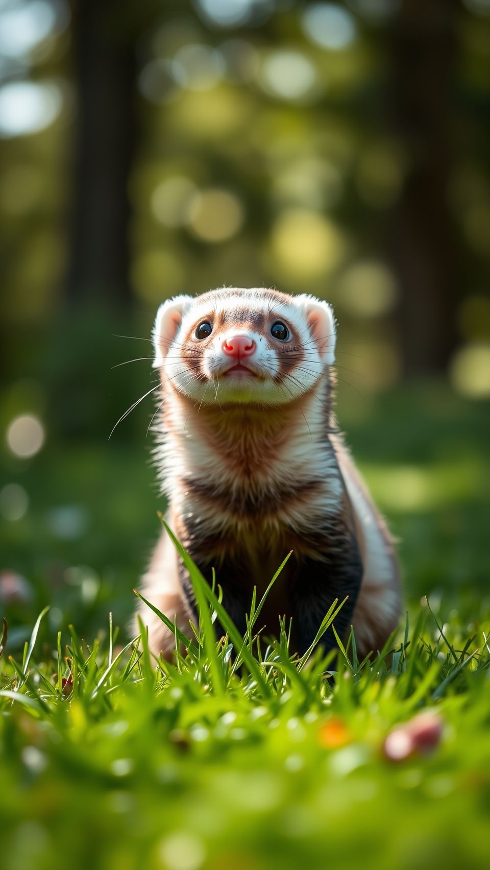 Cute ferret sitting on fresh green grass with blurred forest background wallpaper