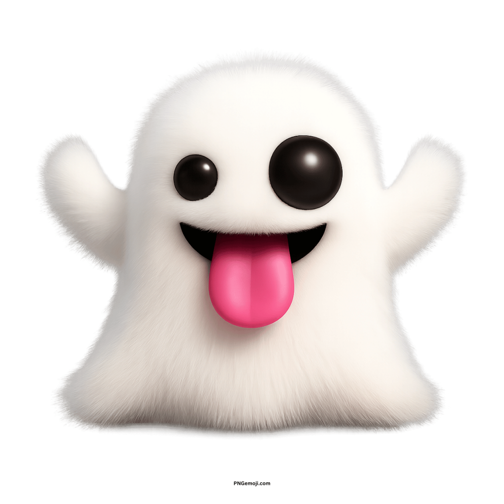 Adorable fluffy ghost emoji with big black eyes and tongue sticking out playfully