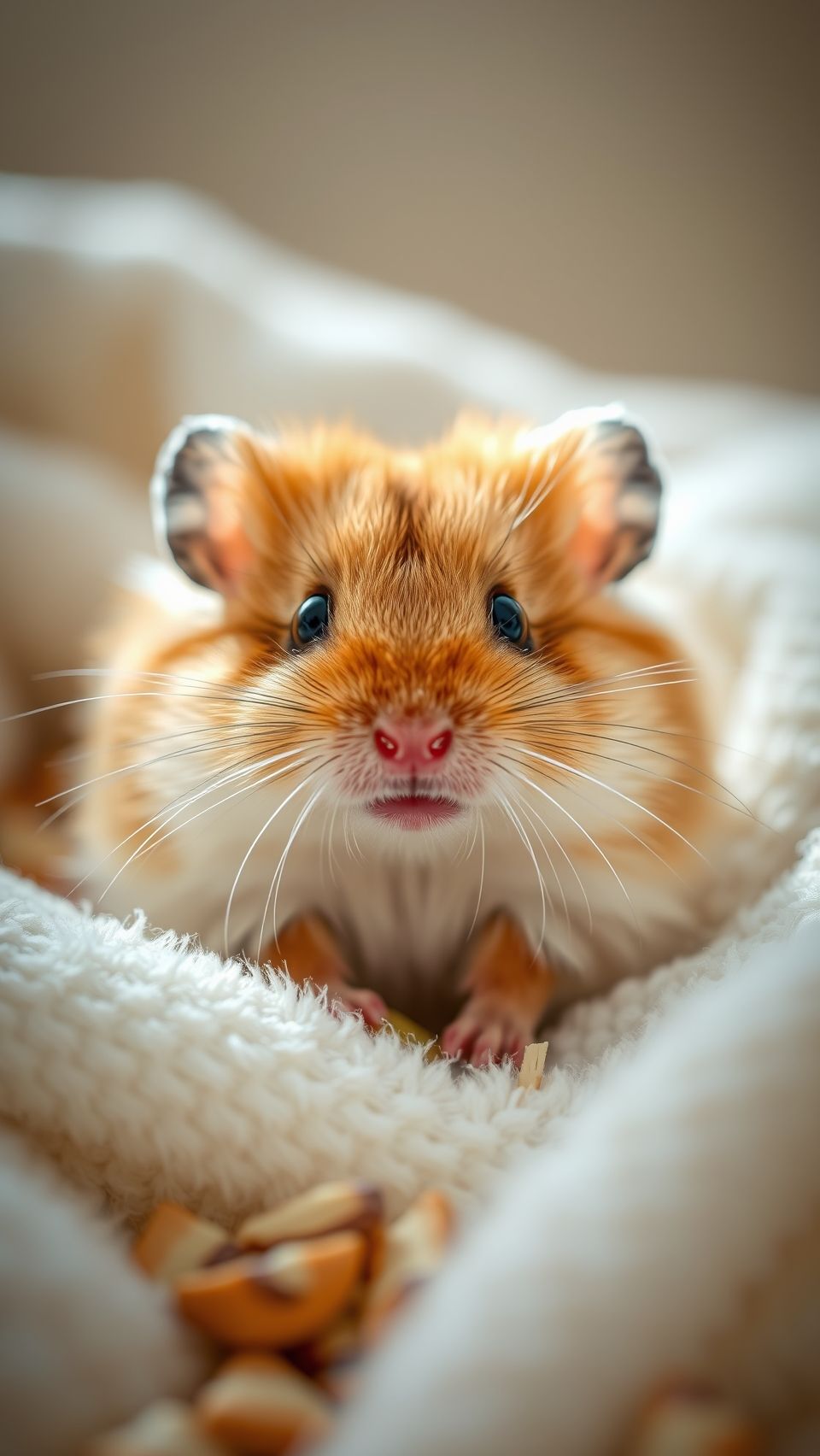 Adorable fluffy hamster close-up wallpaper sitting on soft cozy white bedding