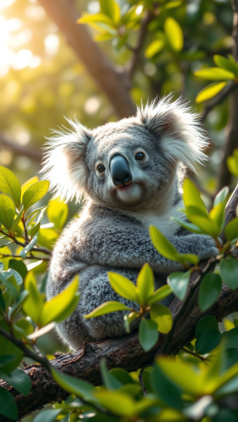 Fluffy koala sitting on eucalyptus tree branch surrounded by green leaves in sunlight