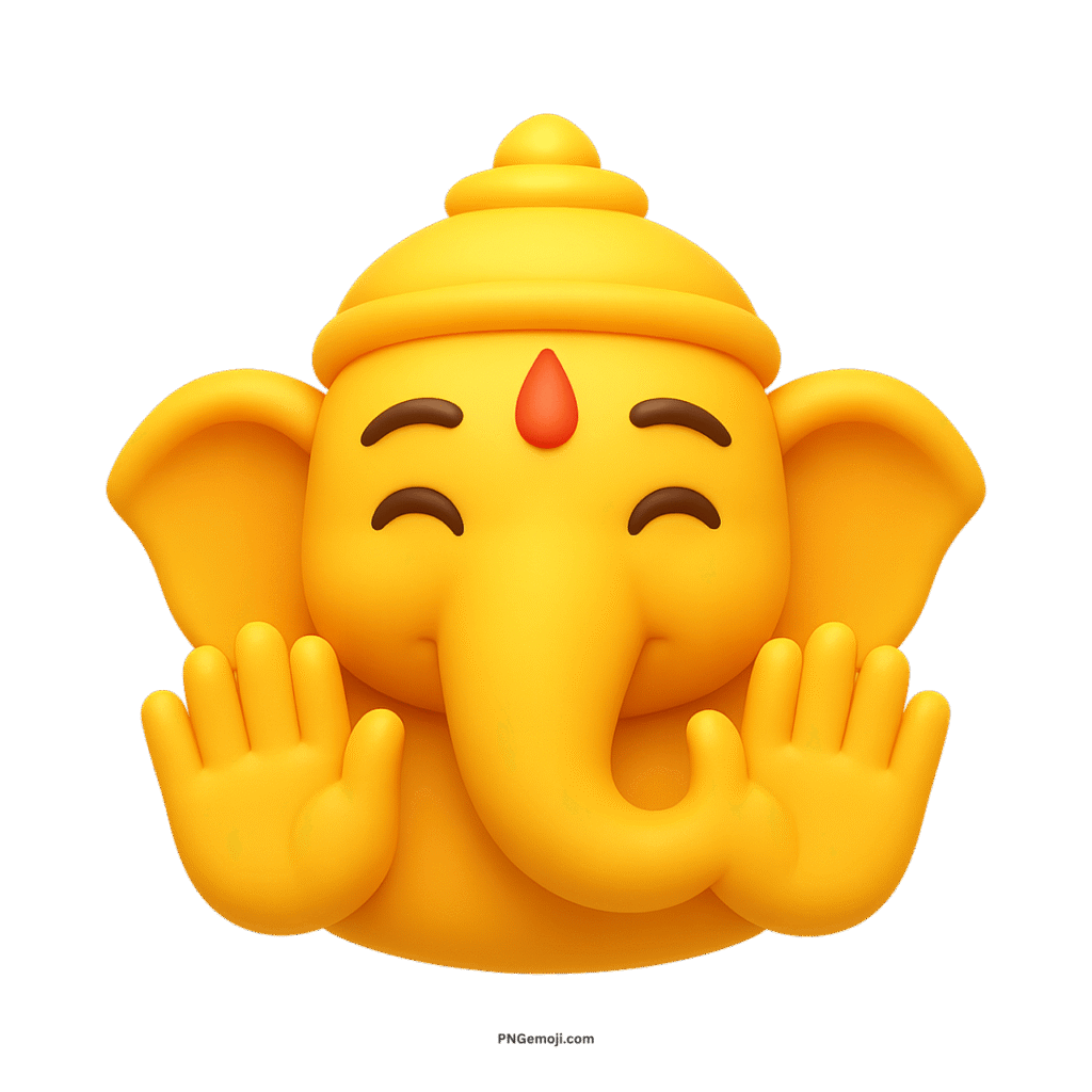 Cute Ganesh emoji icon with smiling face and raised hands in cartoon style
