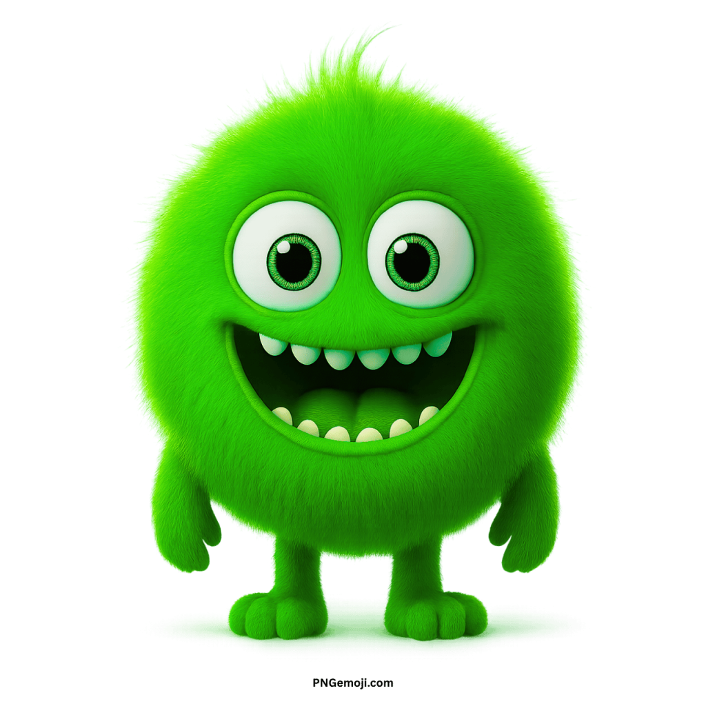 Cute green furry monster emoji cartoon character with big eyes and wide smile