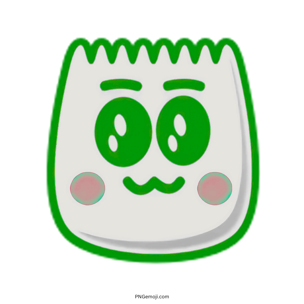 Cute green TikTok emoji with large eyes and rosy cheeks in PNG format