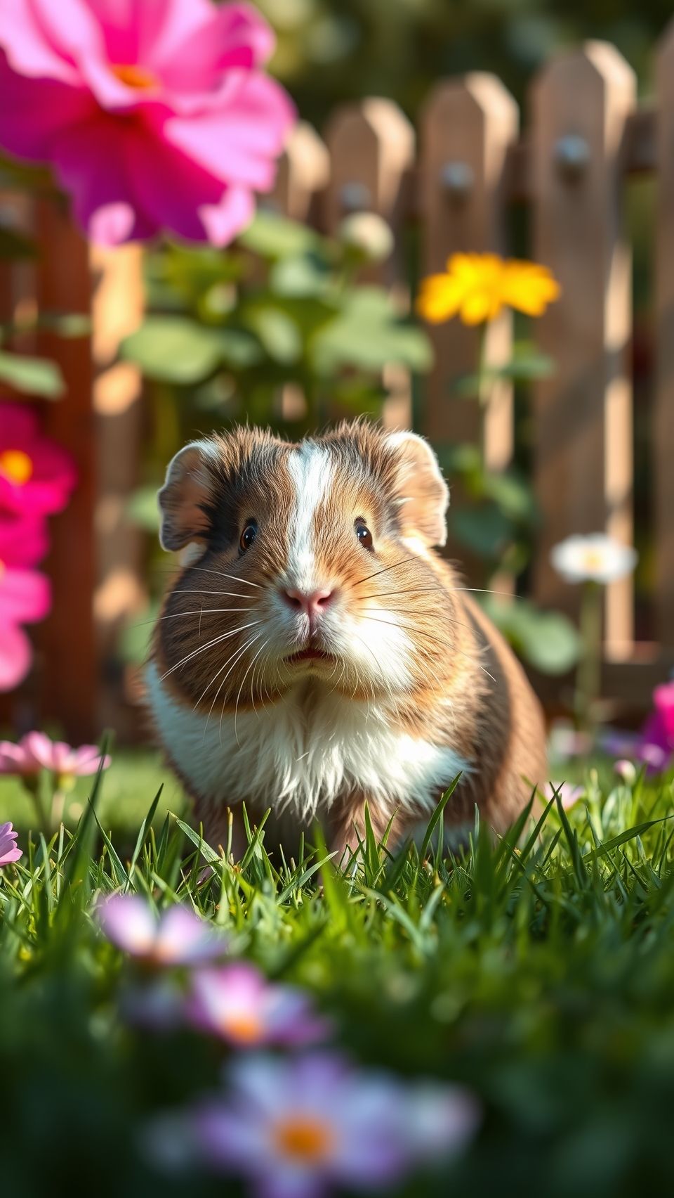 Adorable guinea pig sitting on fresh green grass with colorful garden flowers