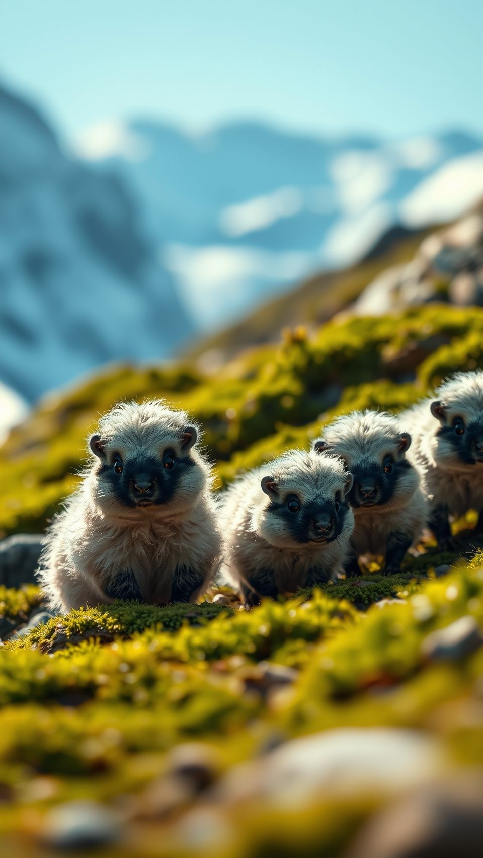 Ultra-realistic cute lemmings wallpaper in mountain habitat with lush greenery and wildlife scenery