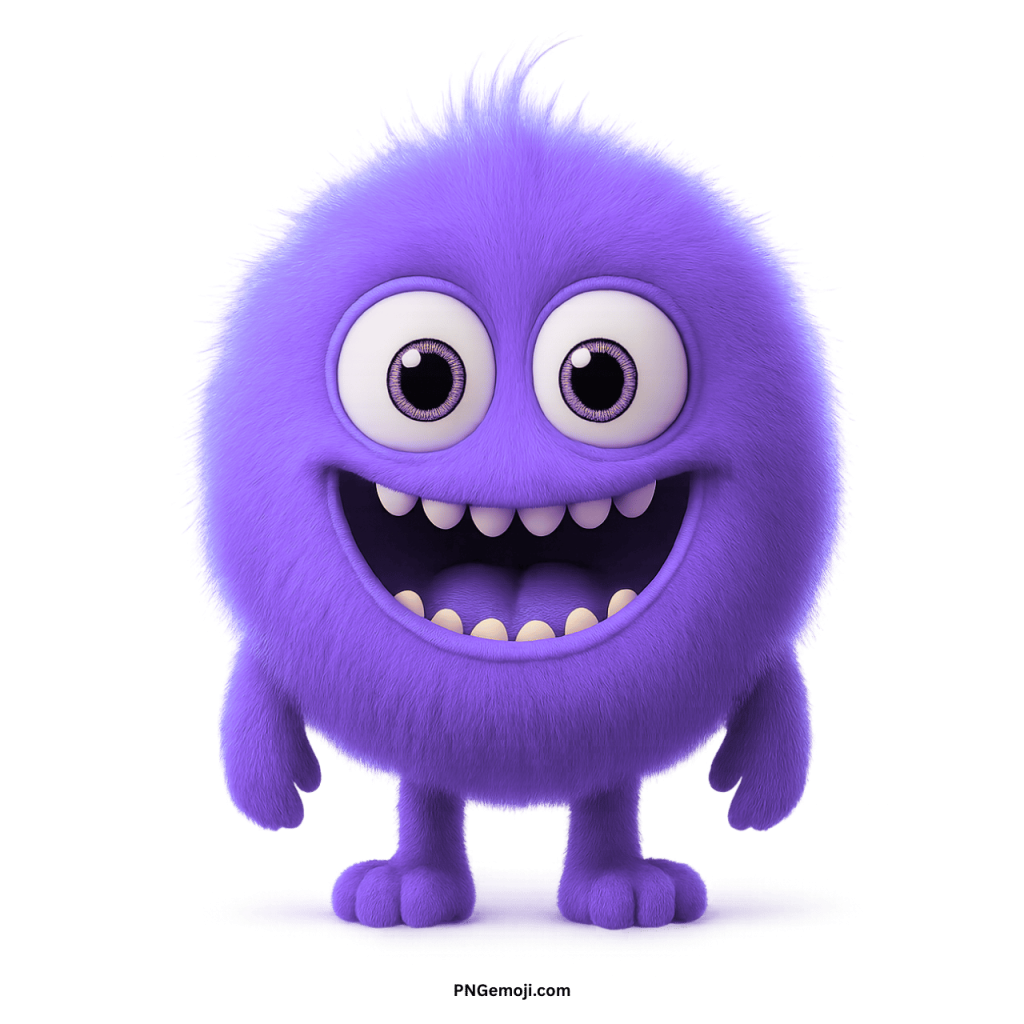 Cute light purple furry monster emoji cartoon with big round eyes and cheerful smile