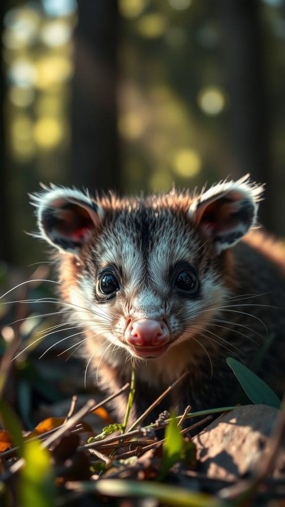 Close-up of cute opossum in forest habitat with sunlight and natural greenery