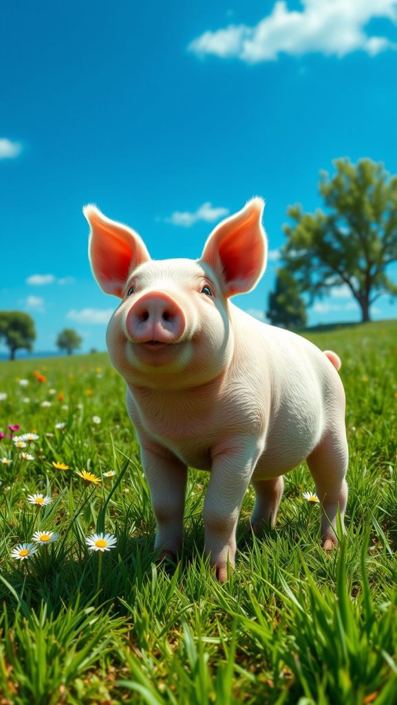 A cute piglet in a lush green meadow with bright blue sky and flowers