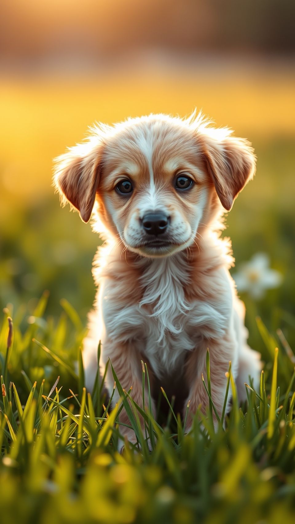 Adorable puppy sitting in green grass field with sunlight background in HD wallpaper