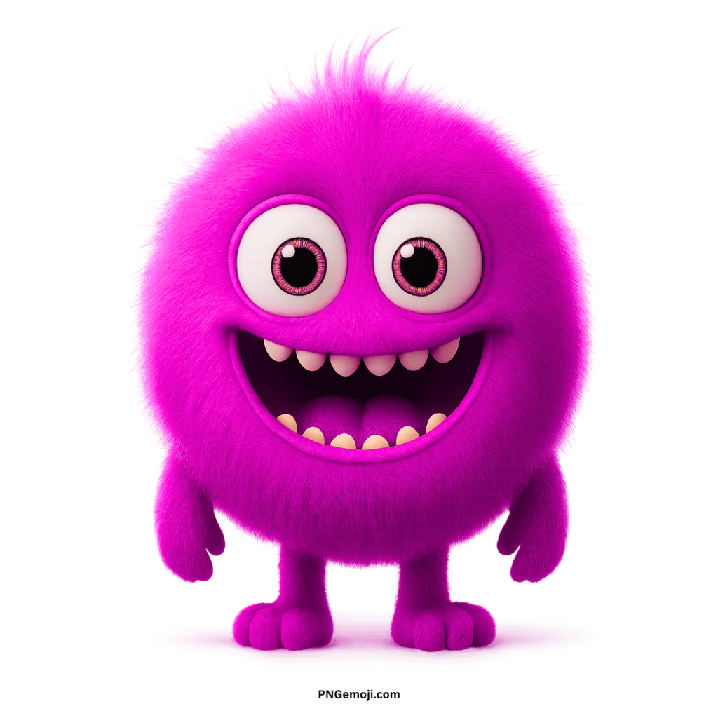 Cute purple furry monster emoji cartoon with big round eyes and a happy wide smile