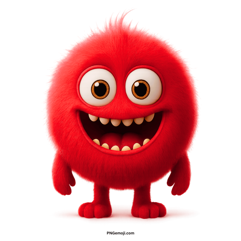 Adorable red furry monster emoji cartoon with big round eyes and happy wide smile
