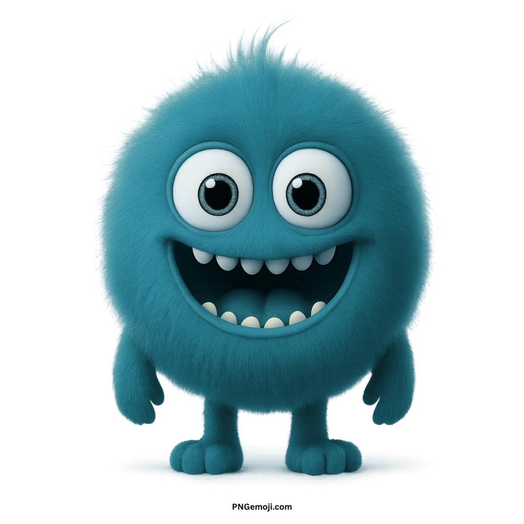 Cute teal furry monster emoji with round cartoon eyes and a wide happy smile