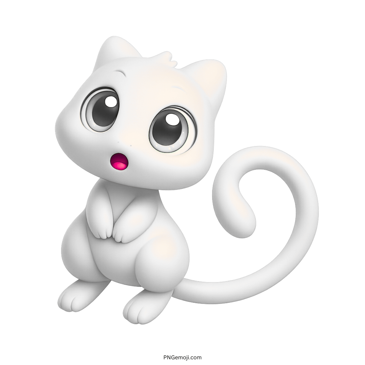 Adorable white Mew emoji kitty with round eyes and curled tail cartoon PNG