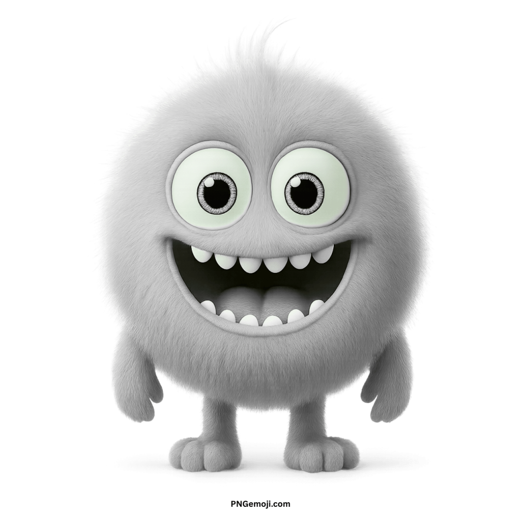 Adorable white furry monster emoji with big round eyes and happy wide smile PNG
