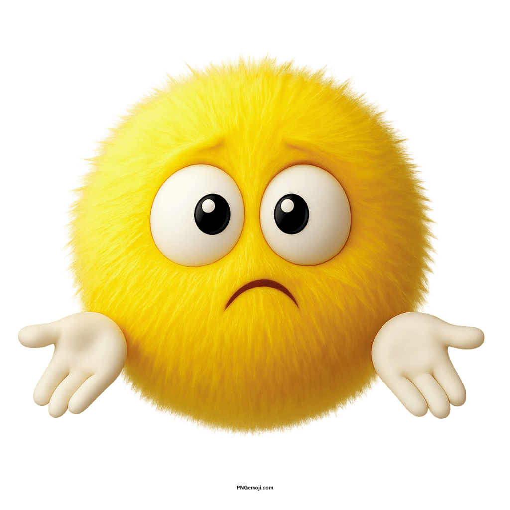 Cute yellow fluffy emoji shrugging with confused expression, representing uncertainty or not knowing response